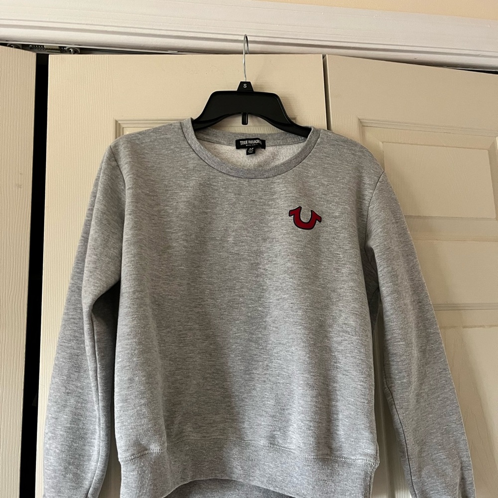 True Religion Women's Gray Crew Neck Sweater with Red Logo